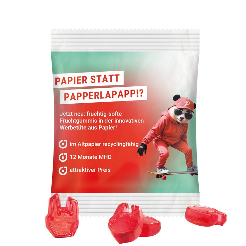 Minitüte Sonderform, 10 g, weißes recyclingfähiges PapierPlus Pro, Fruchtgummi