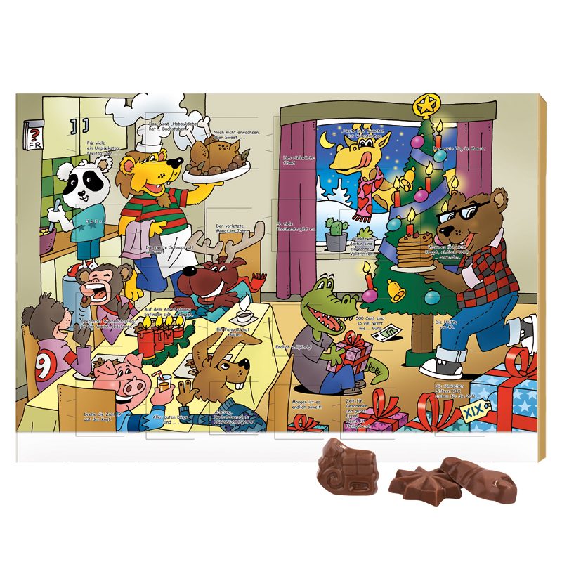 Classic Wand Adventskalender, Rätselmotiv, Graspapier, Querformat, gefüllt mit Friedel Schokolade
