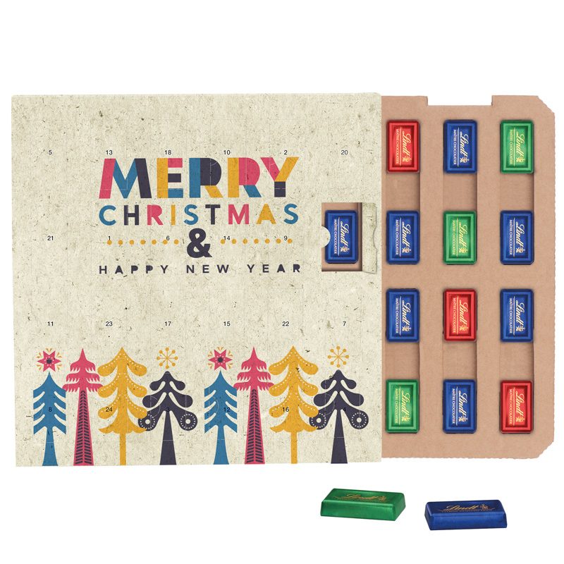 Täfelchen Adventskalender ECO, Graspapier, Papierblister, Lindt Schokotäfelchen