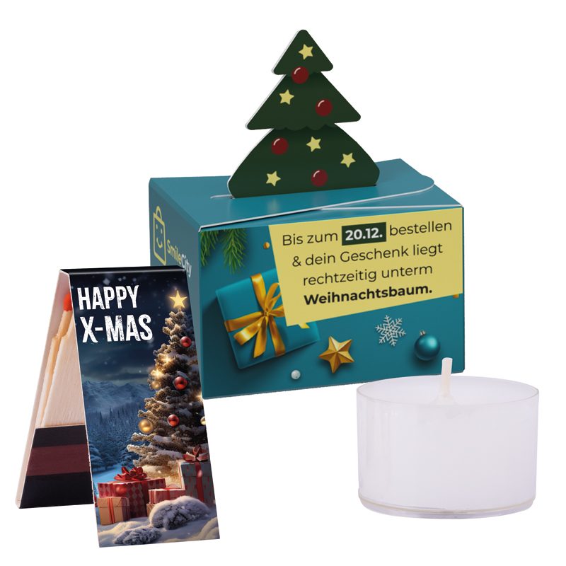 Geschenkbox Mini Tanne, Teelicht mit Weihnachtsgestaltung