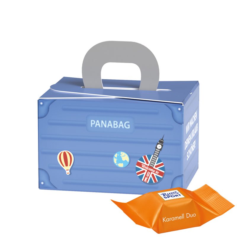 Geschenkbox Mini Koffer, Ritter SPORT Schokowürfel Karamell Dou