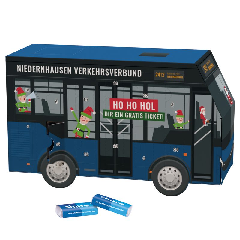 Adventskalender Bus, share Schokotäfelchen