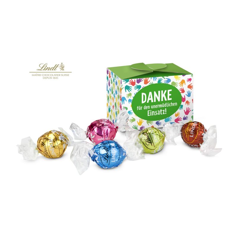 Lindt süßes Danke, Pralinenschachtel mit bunten Händen