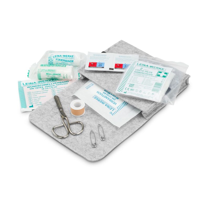 First Aid Kit in grauer Filztasche - Erste Hilfe Set, 12-teilig