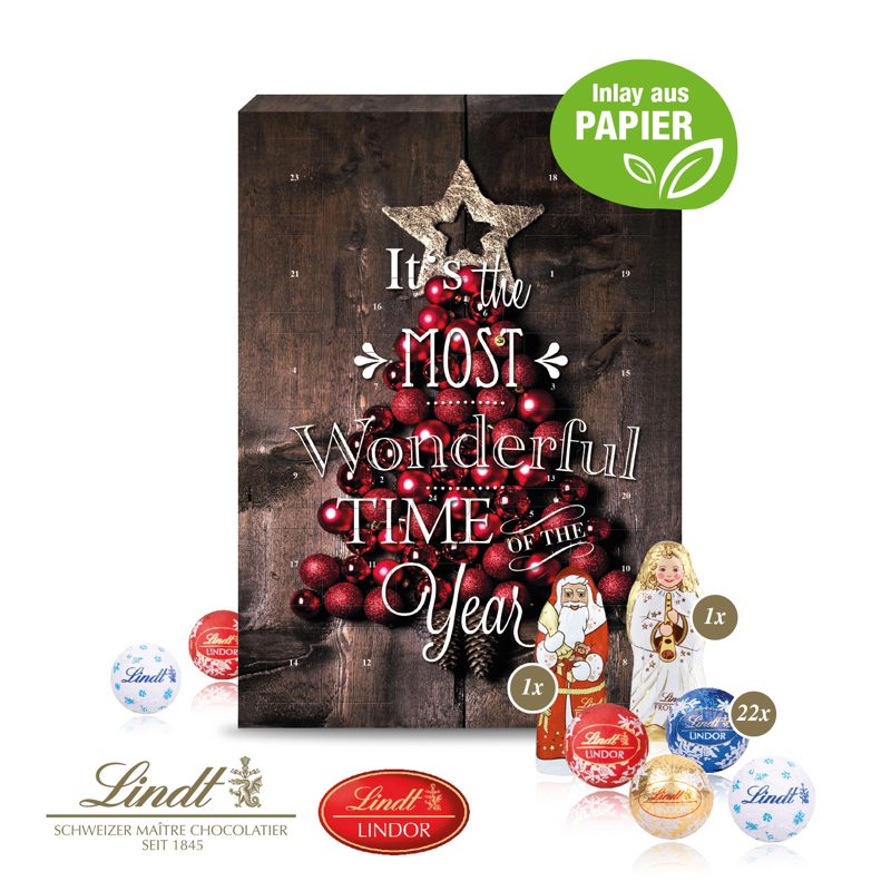 Adventskalender mit Lindt Mix und Gutschein-Option, Inlay aus Papier