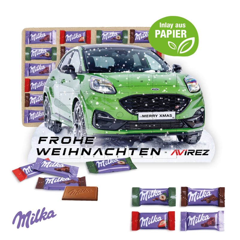 Adventskalender "individuelle Kalenderform" mit Milka Schokolade, Inlay aus Papier